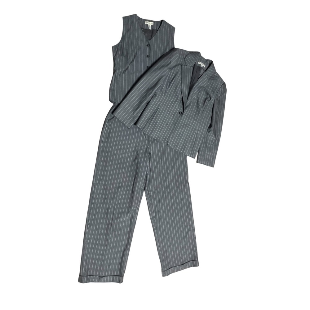Amanda Smith Petite Grey Pinstripe 3 Piece Suit Blazer Vest Pants Set 12P Euc